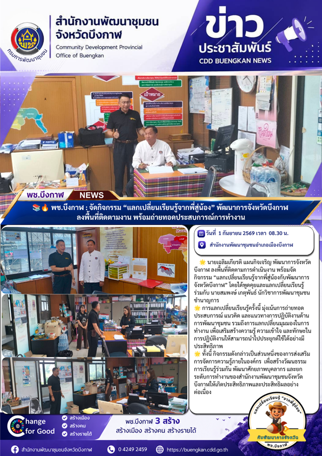 พช.บึงกาฬ : จัดกิจกรรม “แลกเปลี่ยนเรียนรู้จากพี่สู่น้อง” พัฒนาการจังหวัดบึงกาฬ ลงพื้นที่ติดตามงาน พร้อมถ่ายทอดประสบการณ์การทำงาน