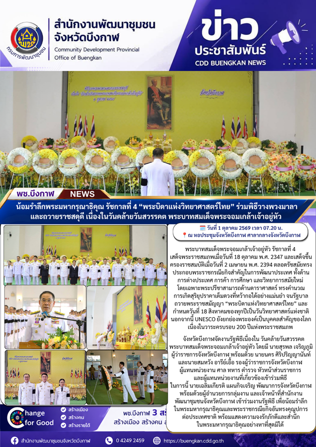 พช.บึงกาฬ : น้อมรำลึกพระมหากรุณาธิคุณ รัชกาลที่ 4 “พระบิดาแห่งวิทยาศาสตร์ไทย” ร่วมพิธีวางพวงมาลาและถวายราชสดุดี เนื่องในวันคล้ายวันสวรรคต พระบาทสมเด็จพระจอมเกล้าเจ้าอยู่หัว 